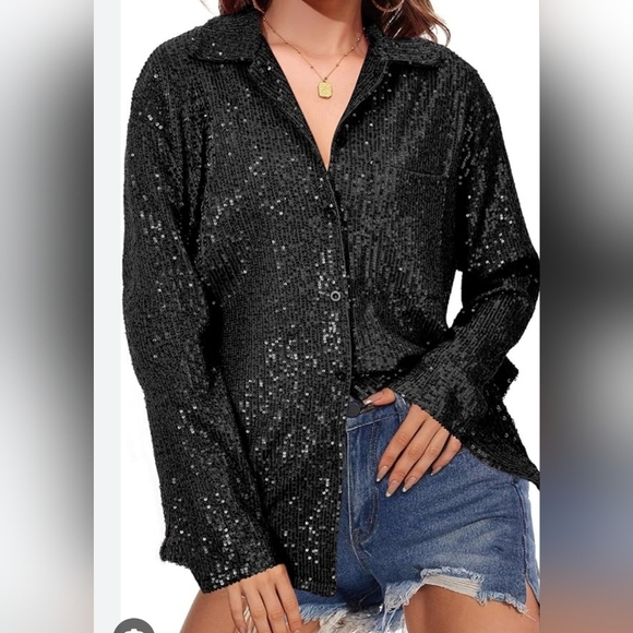 Hancy Tops - Hancy Elegant Black Sequin Button Down Shirt S/M/L New In Poly Bag